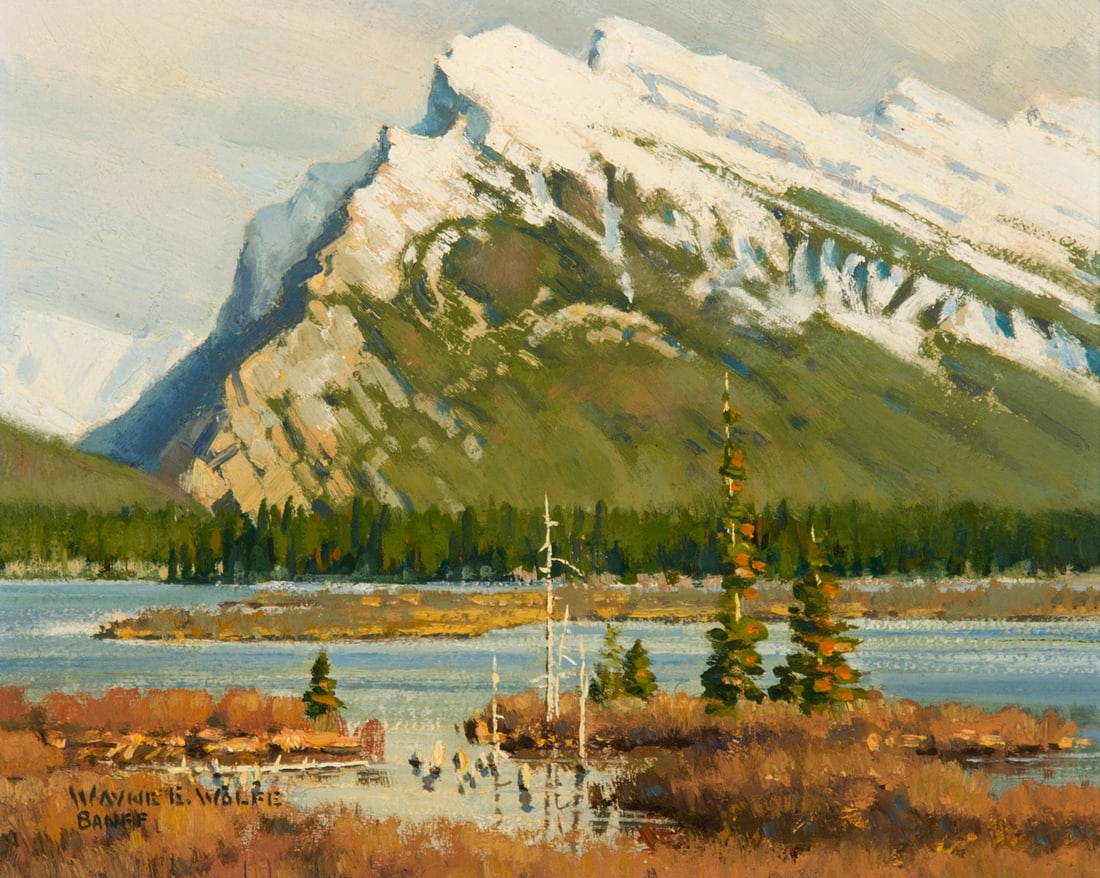 Wayne Wolfe, "Mount Rundle": Wayne Wolfe (b. 1944), "Mount Rundle", Oil on board, 8 x 10 inches, Shipping Dimensions: 14 x 16 x 3 inches Signed BANFF lower left