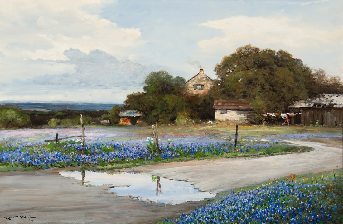 Robert Wood, "After a Shower": Robert Wood (1889-1979), "After a Shower", Oil on canvas, 24 x 36 inches, Shipping Dimensions: 34 x 46 x 3 inches Signed and dated 91 lower Left Titled verso