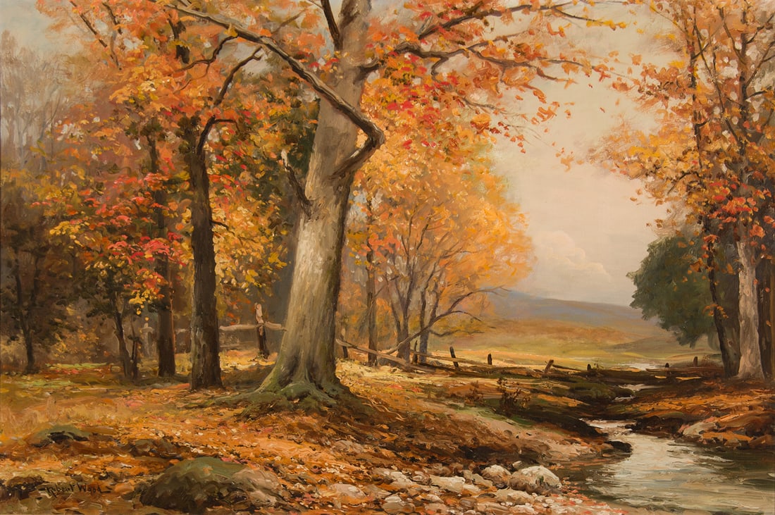 Robert Wood, "Autumn Leaves": Robert Wood (1889-1979), "Autumn Leaves", Oil on canvas, 24 x 36 inches, Shipping Dimensions: 34 x 46 x 3 inches Signed lower Left