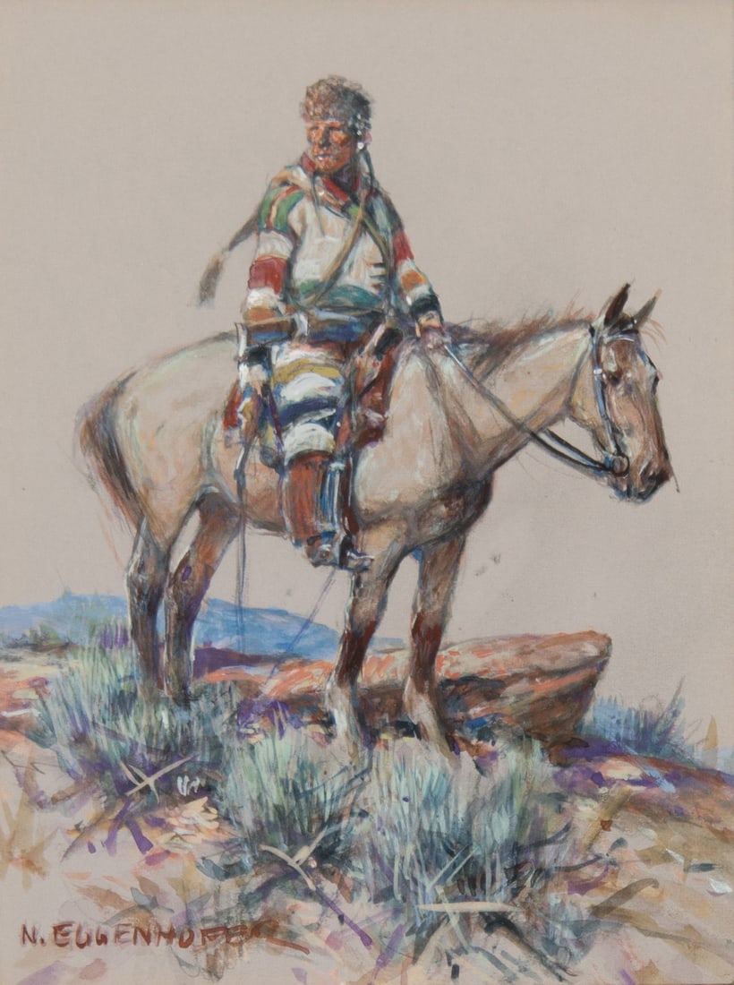 Nick Eggenhofer, "Lone Brave": Nick Eggenhofer (1897-1985), "Lone Brave", Gouache, 8 x 6 inches, Shipping Dimensions: 18 x 15 x 3 inches Signed lower left