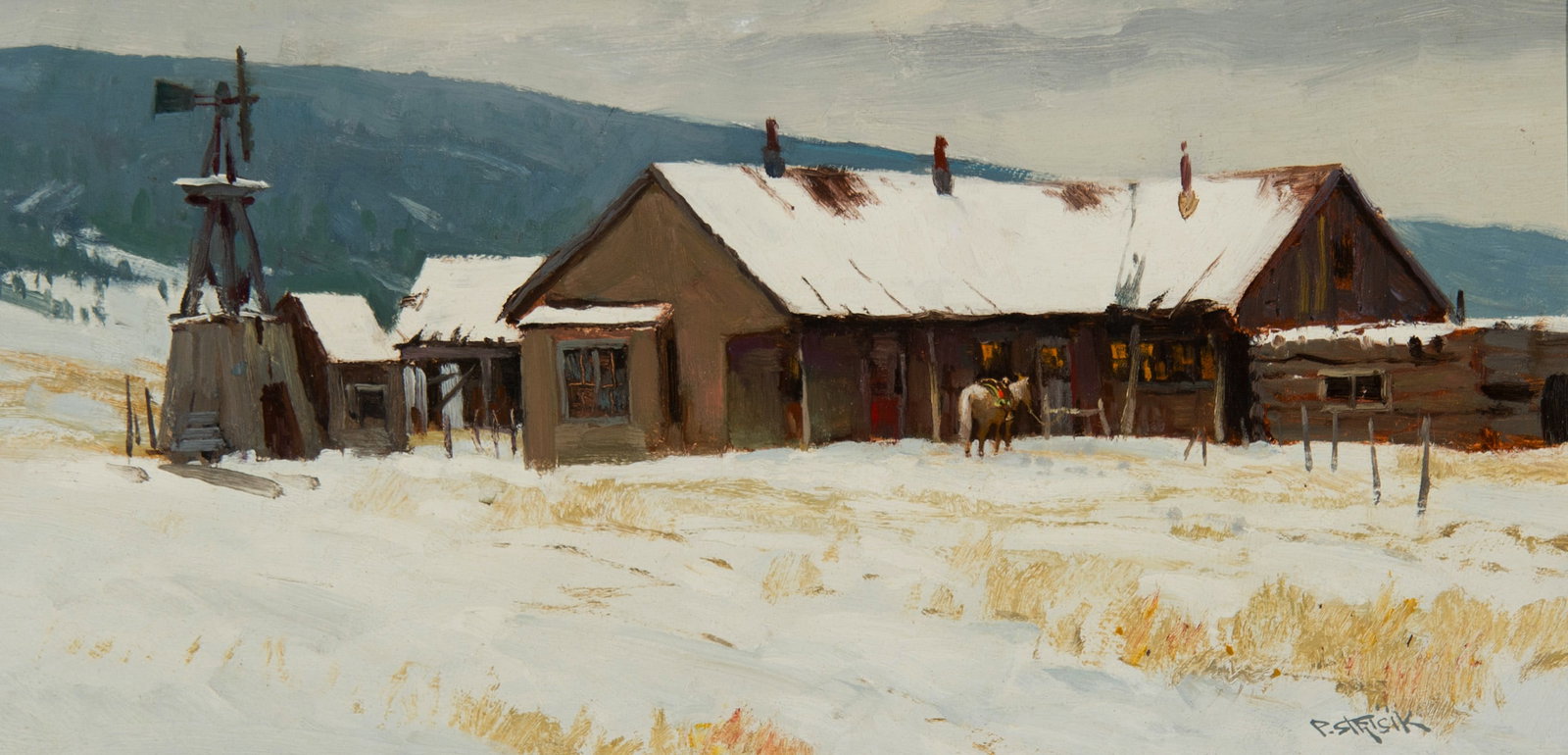 Paul Strisik, "A Cold Wait, Angel Fire, N.M.": Paul Strisik (1918-1998), "A Cold Wait, Angel Fire, N.M.", Oil on board, 8 x 16 inches, Shipping Dimensions: 17 x 24 x 3 inches Signed lower right