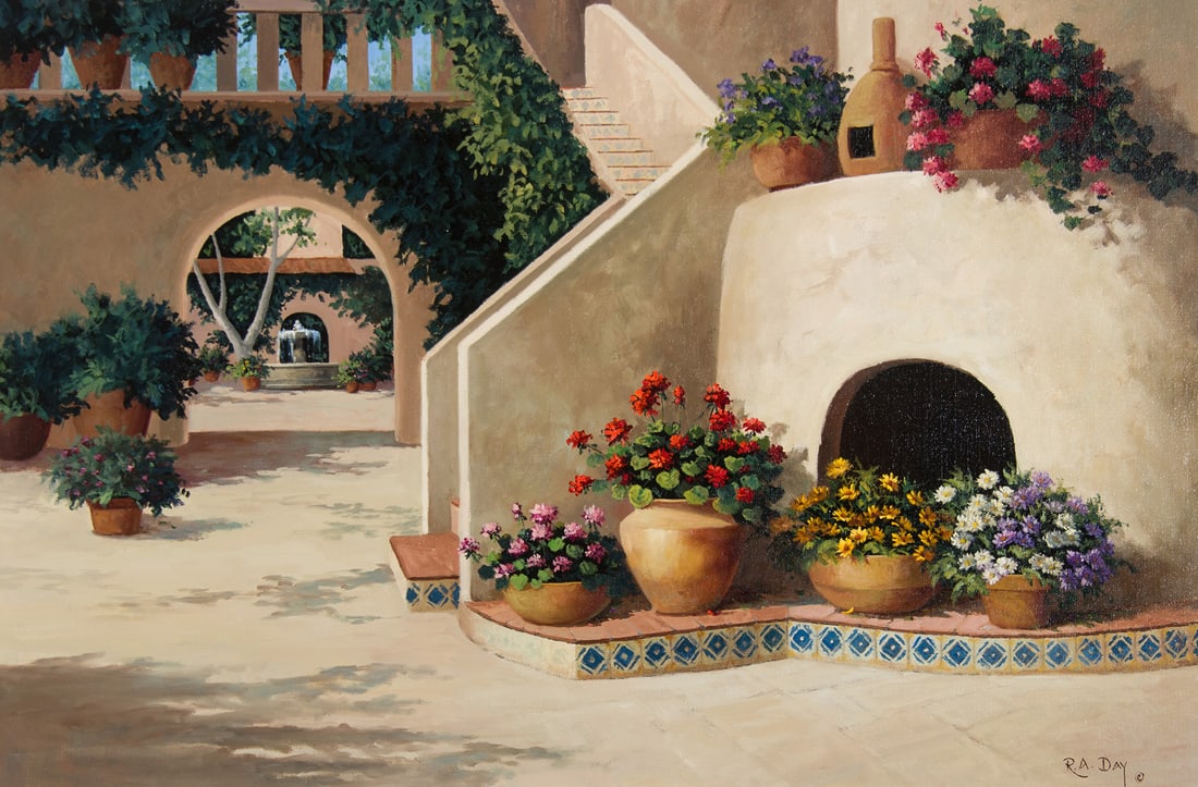 Rose Day, "Tlaquepaque Village": Rose Day (1949), "Tlaquepaque Village", Oil on board, 20 x 30 inches, Shipping Dimensions: 28 x 38 x 3 inches Signed lower right