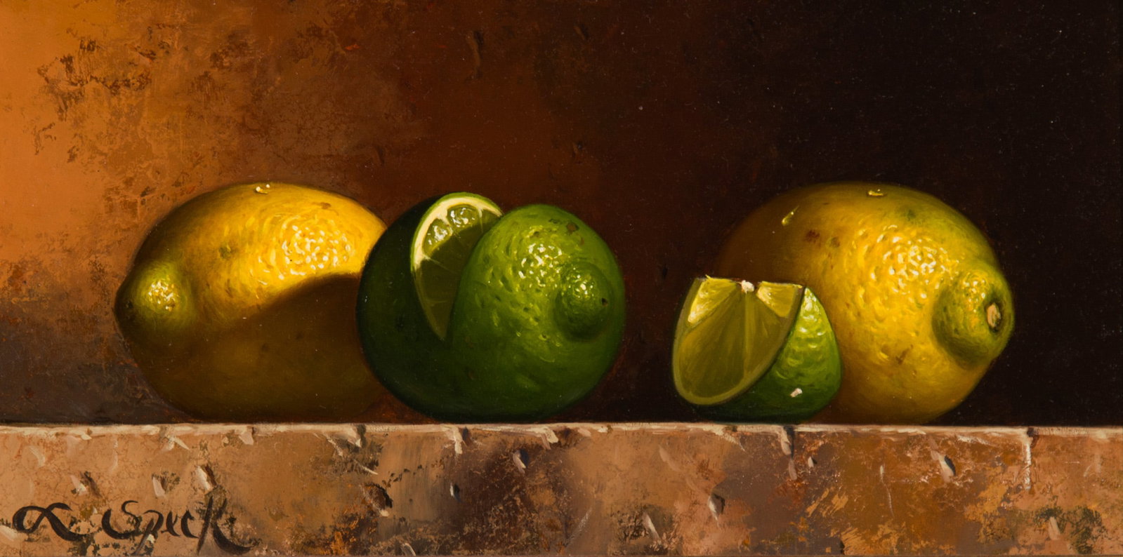 Loran Speck, "Lime Among Lemons": Loran Speck (1943-2011), "Lime Among Lemons", Oil on board, 5 1/2 x 10 1/2 inches, Shipping Dimensions: 9 x 14 x 3 inches Signed lower Left