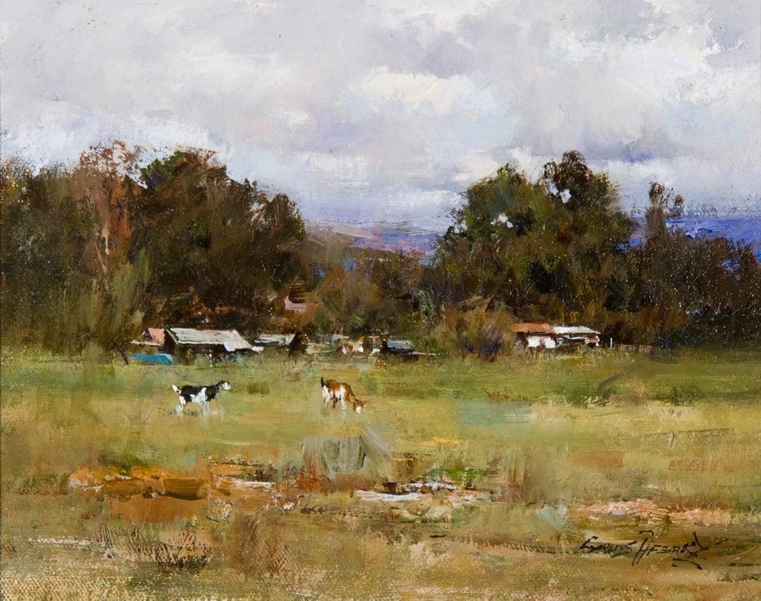 Cyrus Asfary, "Arizona Farmland": Cyrus Asfary (b. 1940/41), "Arizona Farmland", Oil on canvas, 8 x 10 inches, Shipping Dimensions: 16.5 x 18.5 x 3 inches Signed lower right