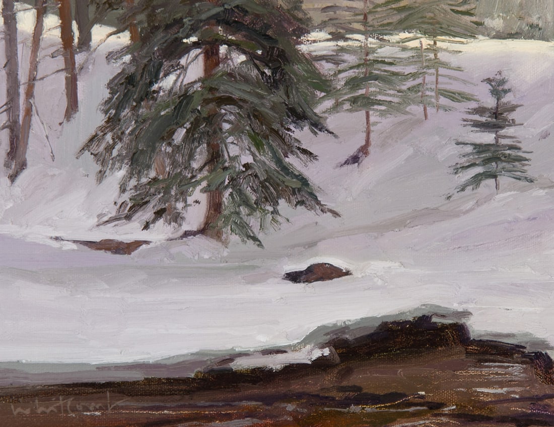 Skip Whitcomb, "Winter Morning, Roaring Fork River": Skip Whitcomb (b. 1946), "Winter Morning, Roaring Fork River", Oil on board, 8 x 10 inches, Shipping Dimensions: 14.5 x 16.5 x 3 inches Signed lower Left Titled verso