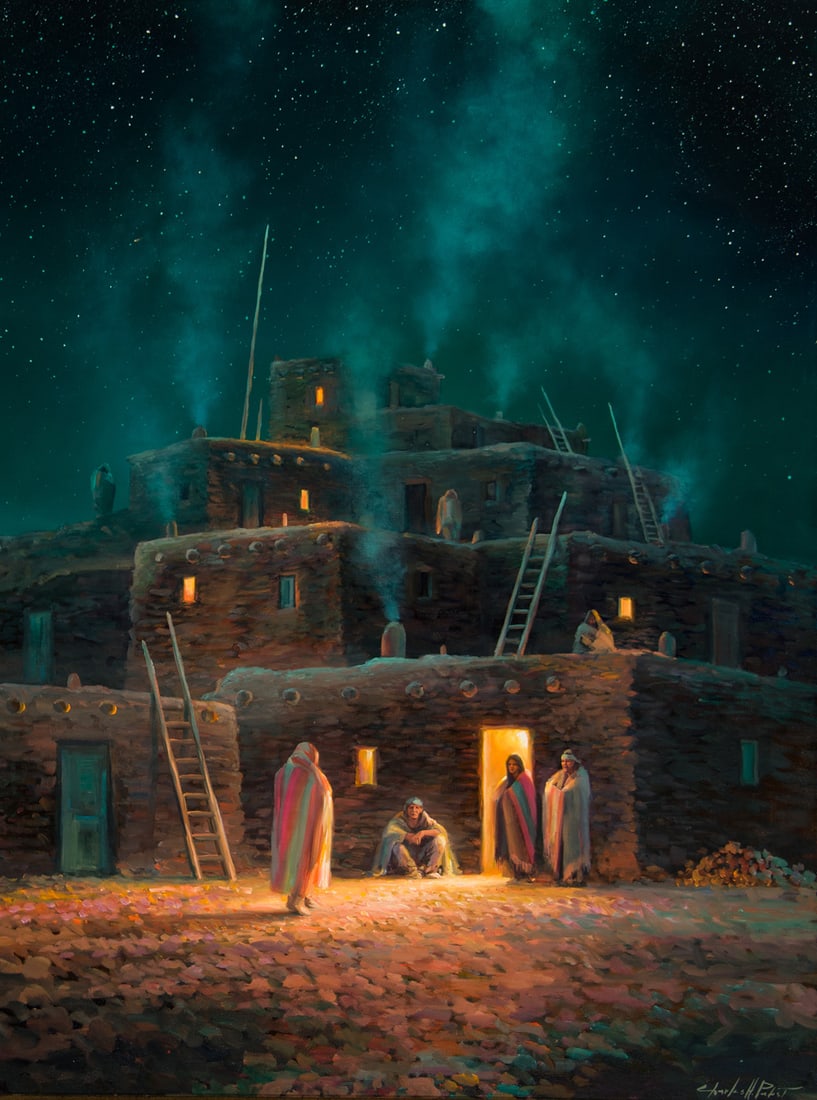 Charles Pabst, "Pueblo Evening": Charles Pabst (b. 1950), "Pueblo Evening", Oil on canvas, 40 x 30 inches, Shipping Dimensions: 48 x 38 x 3 inches Signed lower right