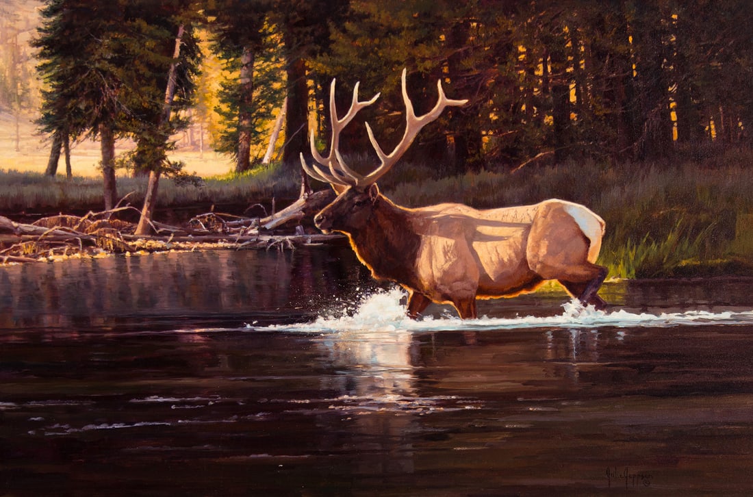 Julie Jeppsen, "Untitled (Bull elk crossing stream)": Julie Jeppsen (b. 1960), "Untitled (Bull elk crossing stream)", Oil on canvas, 24 x 36 inches, Shipping Dimensions: 33 x 45 x 3 inches Signed lower right