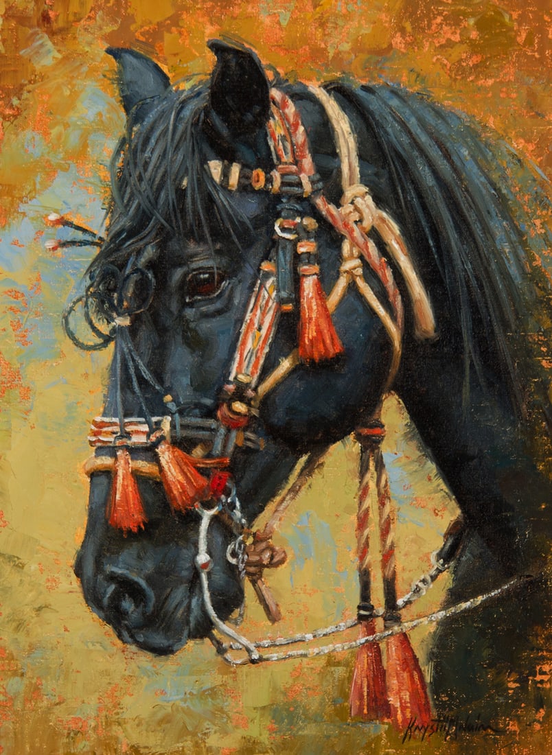 Krystii Melaine, "Black Fancy": Krystii Melaine (b. 1963), "Black Fancy", Oil on board, 12 x 9 inches, Shipping Dimensions: 20 x 17 x 3 inches Signed lower right