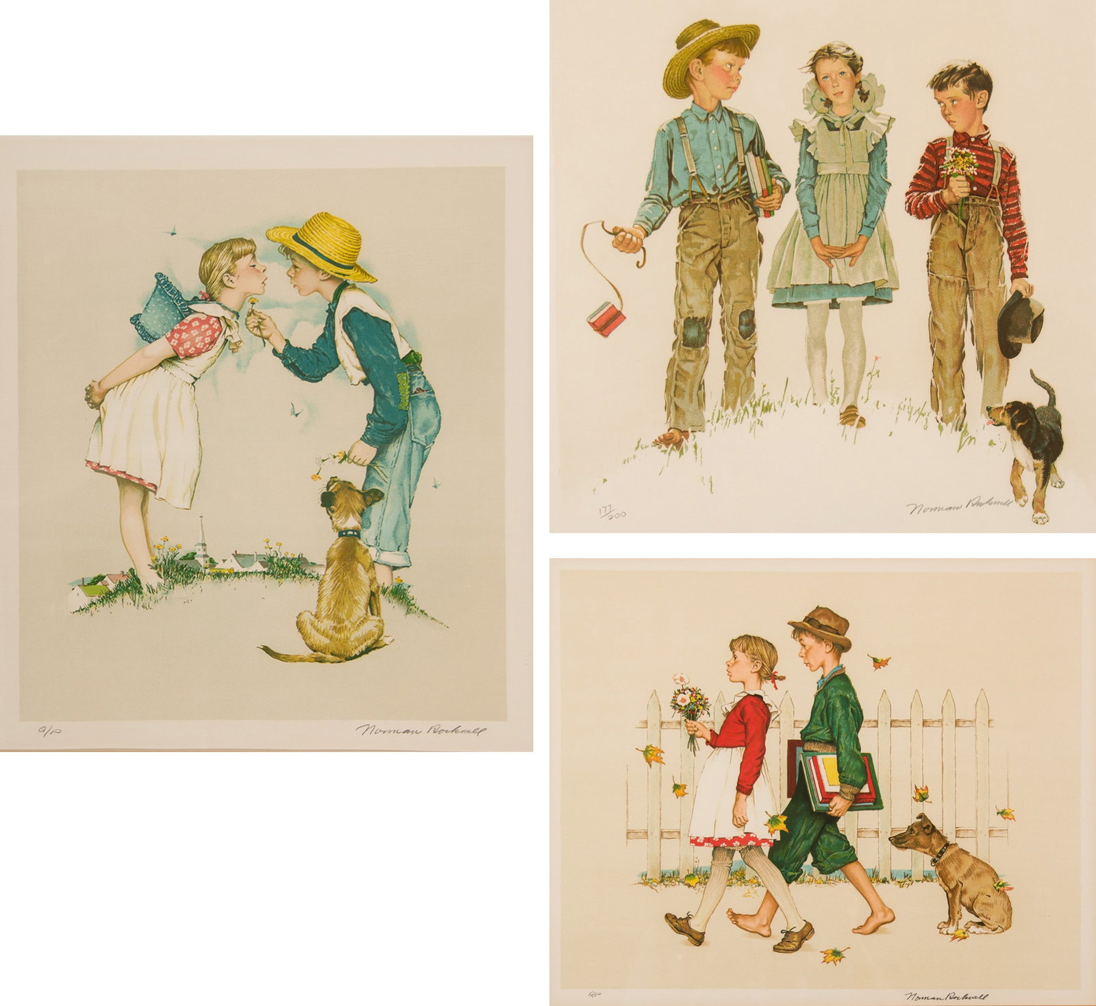 Norman Rockwell, "Set of three (3): Buttercup, Rivals, School Walk": Norman Rockwell (1894-1978), "Set of three (3): Buttercup, Rivals, School Walk", Colored Lithograph on papier d'Arches, 24 x 21 inches each (paper size), Shipping Dimensions: 30 x 26 x 3 inches Each S