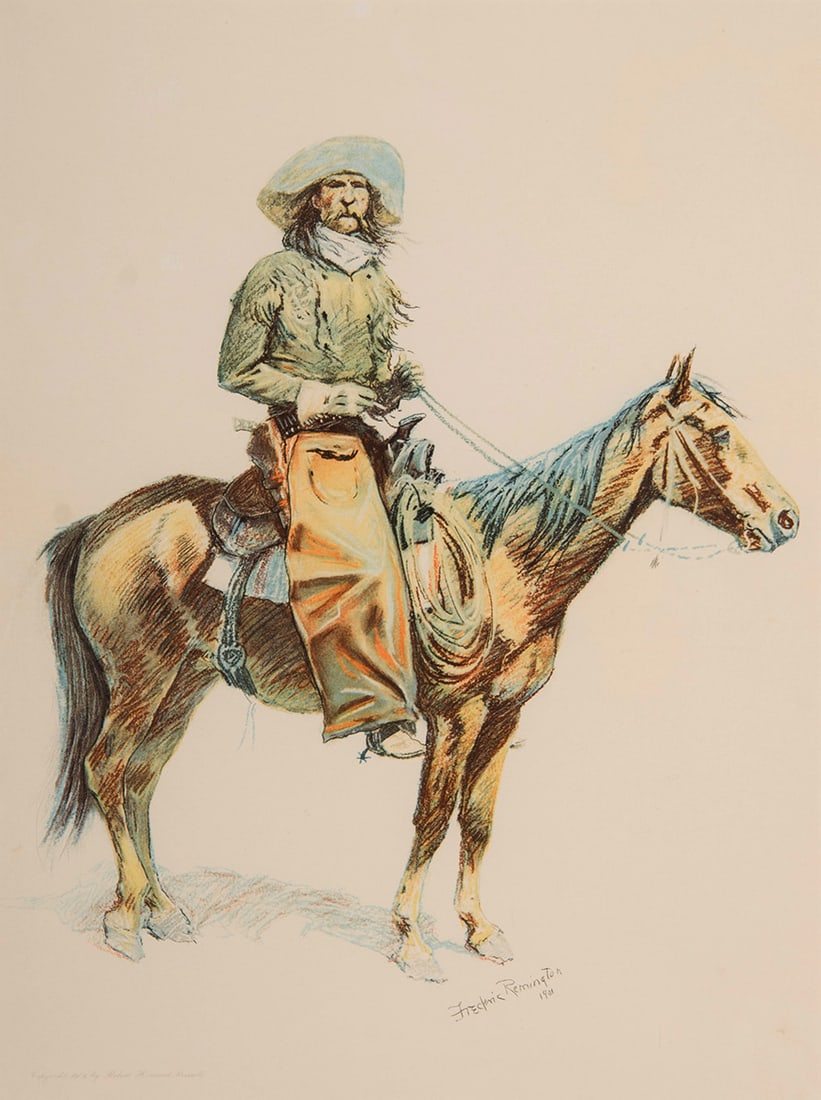 Frederic Remington, "Arizona Cowboy": Frederic Remington (1861-1909), "Arizona Cowboy", Lithograph (Buckskin series), 19 1/2 x 14 3/4 inches (sight), Shipping Dimensions: 29 x 23 x 3 inches Signed and dated 1901 lower right; copyright 190