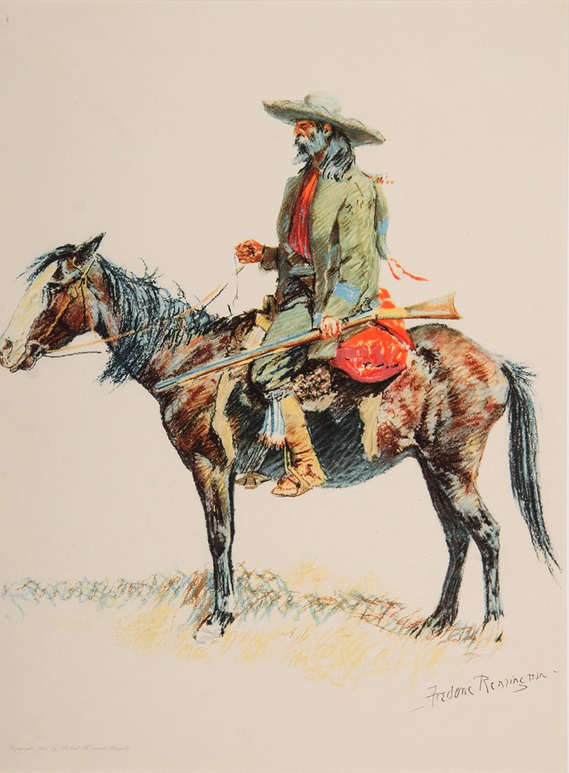 Frederic Remington, "Trapper": Frederic Remington (1861-1909), "Trapper", Lithograph (Buckskin series), 19 1/2 x 14 3/4 inches (sight), Shipping Dimensions: 29 x 23 x 3 inches Signed lower right; copyright 1901 by Robert Howard