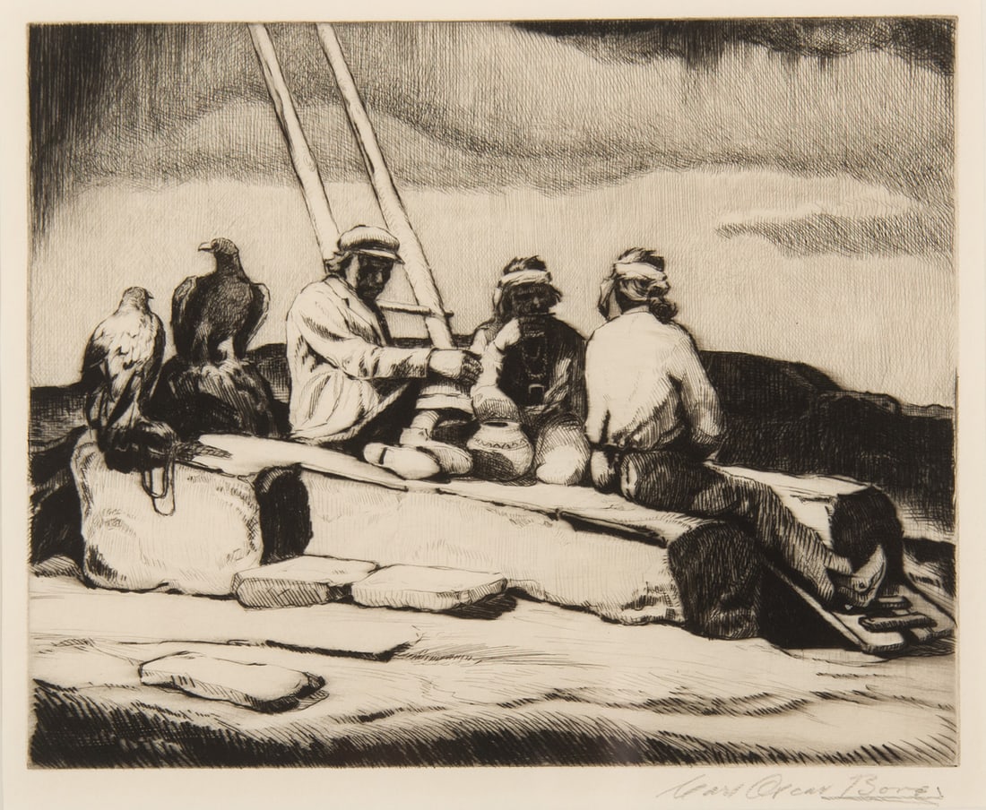 Carl Oscar Borg, "The Three Chiefs": Carl Oscar Borg (1879-1947), "The Three Chiefs", Etching, 7 7/8 x 9 3/4 inches, Shipping Dimensions: 17 x 19 x 3 inches Signed lower right