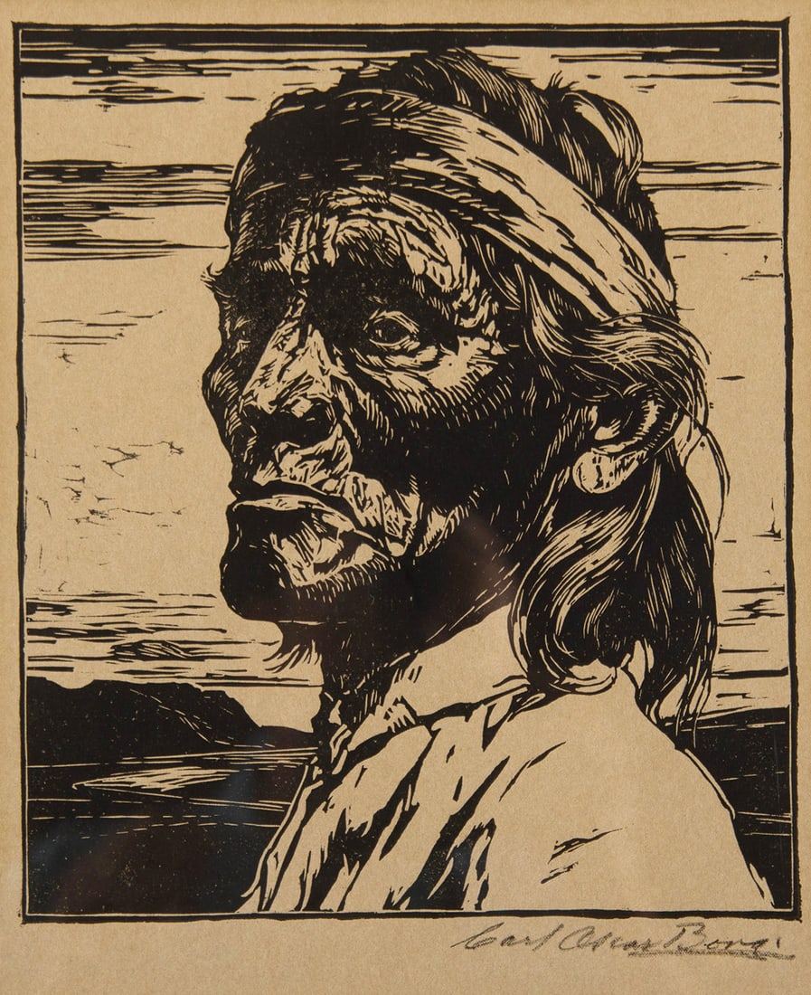 Carl Oscar Borg, "Hopi Medicine Man, Horace Se-L-Se-TA": Carl Oscar Borg (1879-1947), "Hopi Medicine Man, Horace Se-L-Se-TA", Woodblock print, 10 x 8 3/4 inches, Shipping Dimensions: 18 x 16 x 3 inches Signed lower right