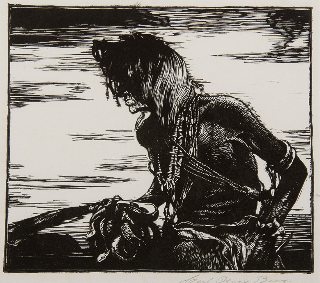 Carl Oscar Borg, "Hopi Snake Priest": Carl Oscar Borg (1879-1947), "Hopi Snake Priest", Woodblock Print, 8 7/8 x 10 1/4 inches, Shipping Dimensions: 17 x 18 x 3 inches Signed lower right