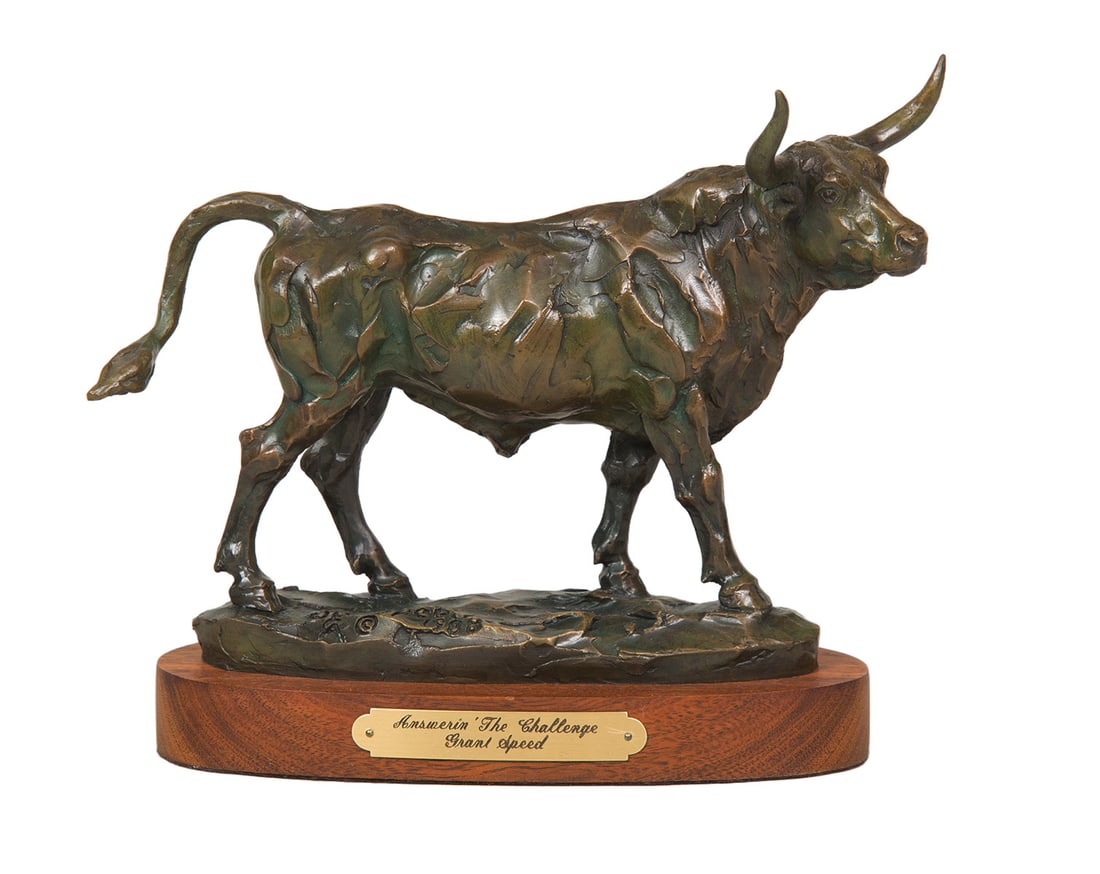 Grant Speed, "Answering the Challenge": Grant Speed (1930-2011), "Answering the Challenge", Bronze, cast 3/50, 7 inches overall height, Shipping Dimensions: 7 x 8.5 x 3.5 inches - 6 lbs. Signed/CA and dated 1988