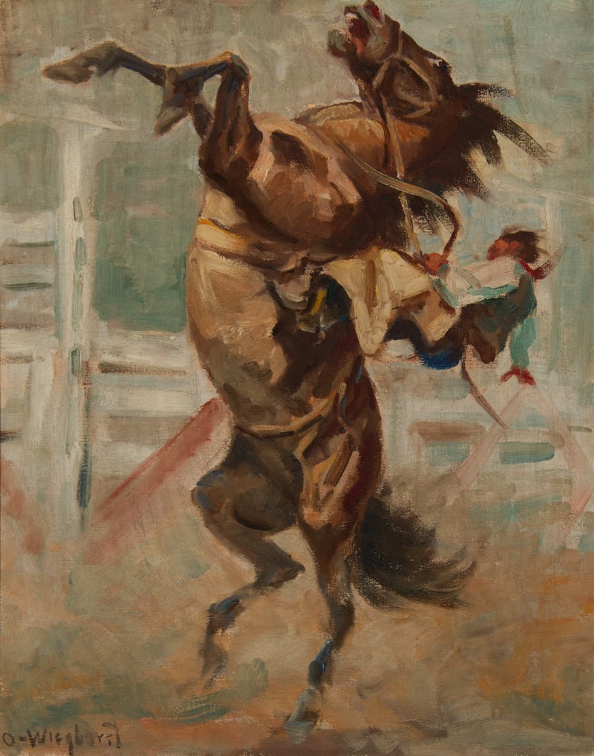 Olaf Wieghorst, "Ride-Em-Cowboy": Olaf Wieghorst (1899-1988), "Ride-Em-Cowboy", Oil on canvas, 20 x 16 inches, Shipping Dimensions: 25 x 21 x 3 inches Signed lower Left