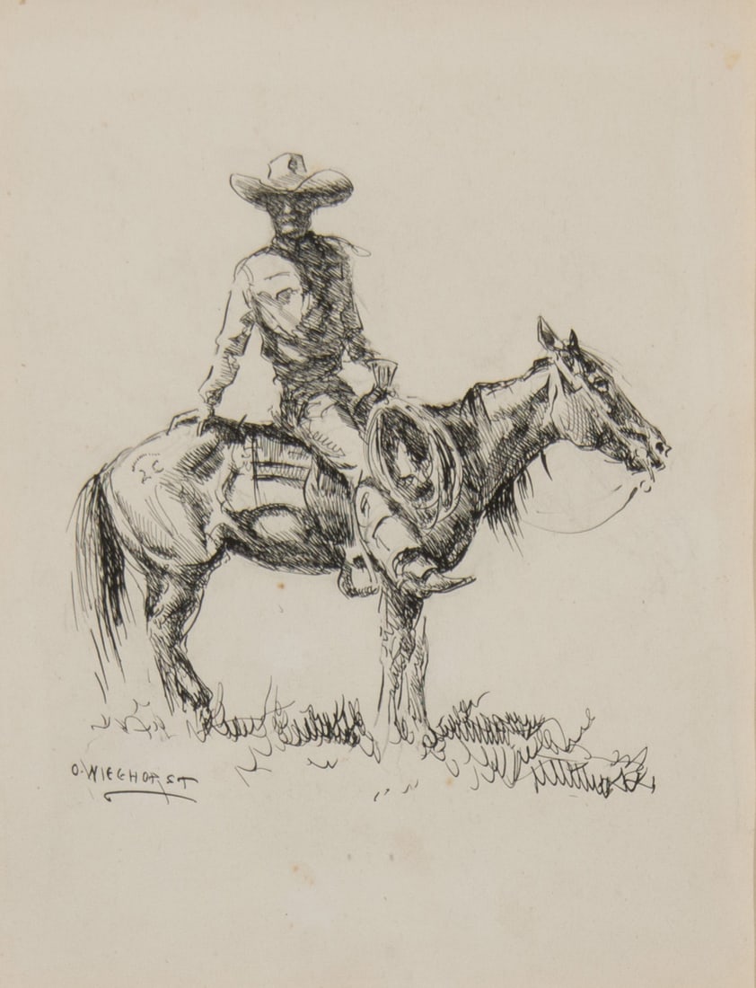 Olaf Wieghorst, "Untitled (Cowboy on horseback)": Olaf Wieghorst (1899-1988), "Untitled (Cowboy on horseback)", Pen & Ink, 10 1/2 x 8 inches, Shipping Dimensions: 23 x 21 x 3 inches Signed lower Left