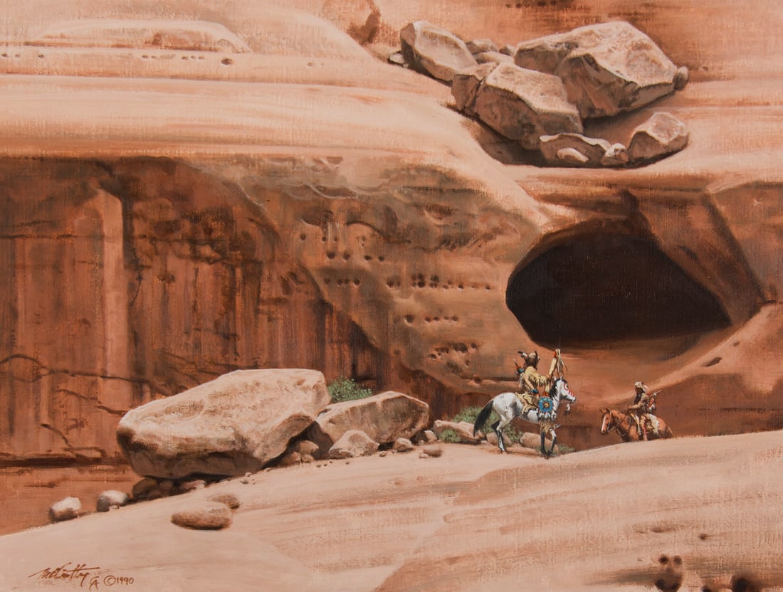 Frank McCarthy, "The Meeting": Frank McCarthy (1924-2002), "The Meeting", Oil on canvas, 18 x 24 inches, Shipping Dimensions: 28 x 34 x 3 inches Signed/CA and dated 1990 lower left Signed, titled, and dated 1990 verso