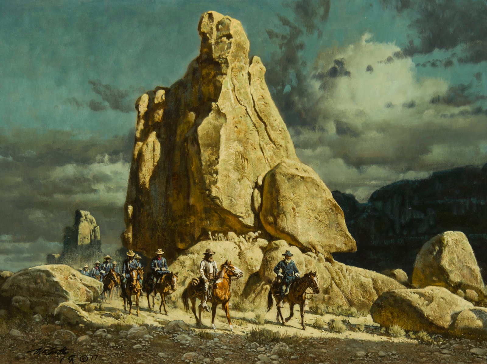 Frank McCarthy, "Nite Patrol": Frank McCarthy (1924-2002), "Nite Patrol", Oil on canvas mounted to board, 18 x 24 inches, Shipping Dimensions: 26 x 32 x 3 inches Signed/CA and dated 77 lower left Signed and titled verso