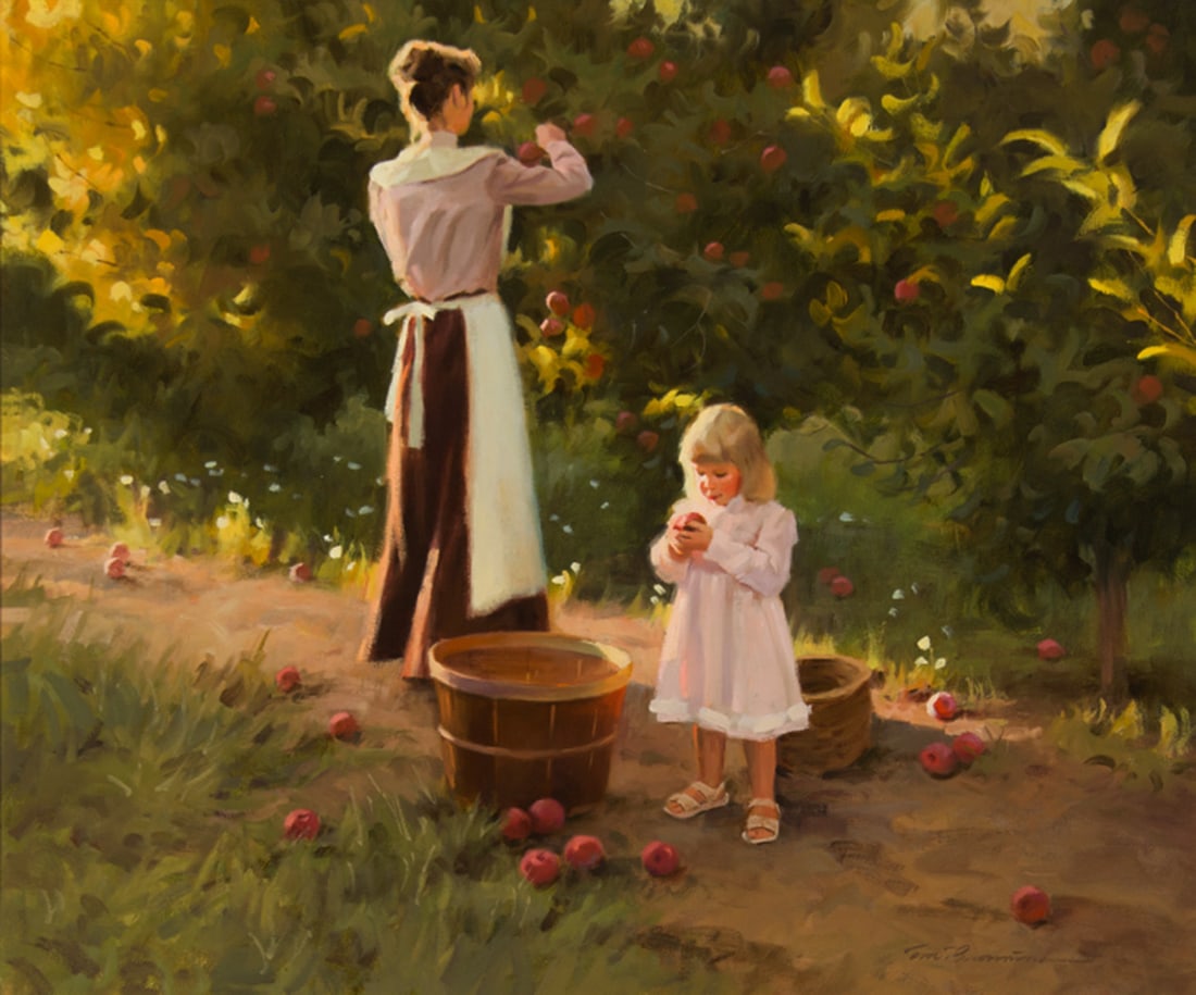 Tom Browning, "In the Apple Grove": Tom Browning (b. 1949), "In the Apple Grove", Oil on canvas, 20 x 24 inches, Shipping Dimensions: 28 x 32 x 3 inches Signed lower right Signed and titled verso