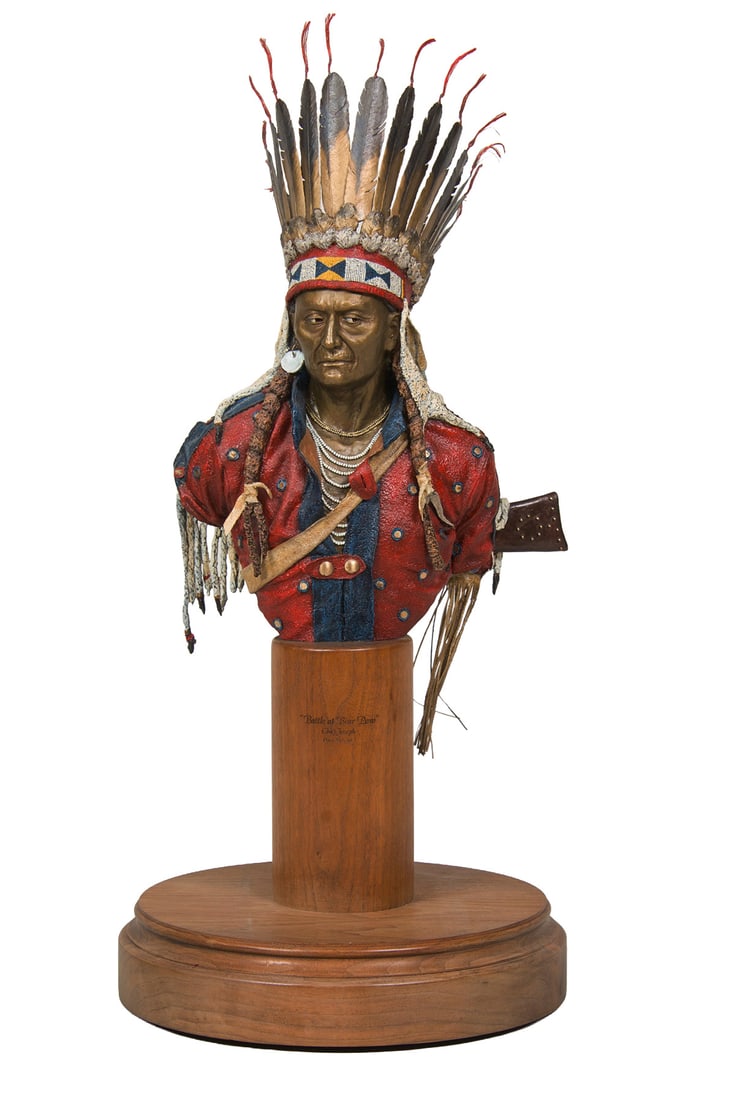 Dave McGary, "Battle at Bear Paw, Chief Joseph": Dave McGary (1958-2013), "Battle at Bear Paw, Chief Joseph", Bronze, cast 1/50, 27 inches overall height, Shipping Dimensions: 27 x 12 x 14 inches - 15 lbs. Signed with fingerprint