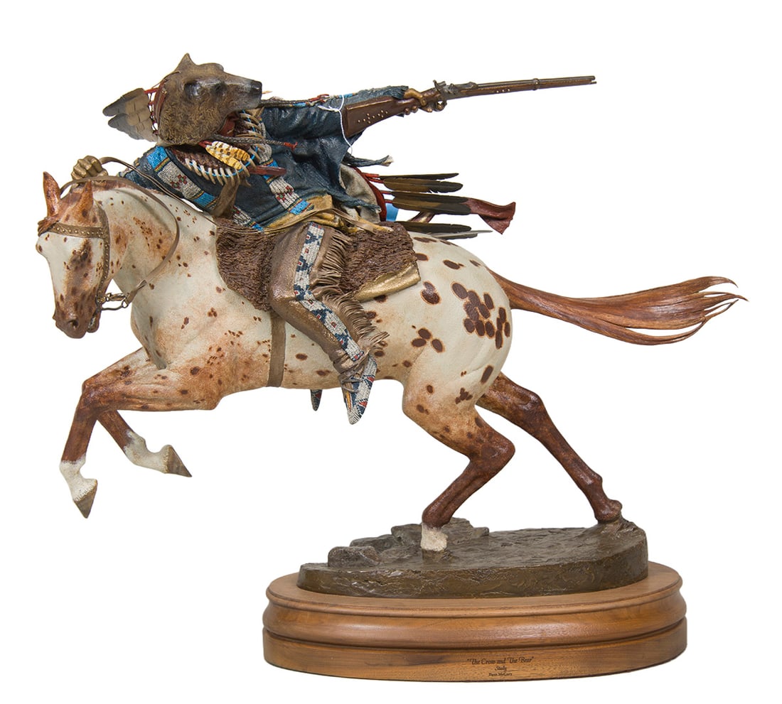 Dave McGary, "The Crow and the Bear": Dave McGary (1958-2013), "The Crow and the Bear", Bronze, cast 10/30, 22 inches overall height, Shipping Dimensions: 22 x 25.5 x 12 inches - 32 lbs. Signed with fingerprint