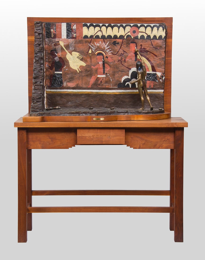 Dave McGary, "Muralist at Pottery Mound": Dave McGary (1958-2013), "Muralist at Pottery Mound", Bronze, cast 8/50, 31 1/2 inches overall height (without base), Shipping Dimensions: 68x20x52 (including custom wooden base) Signed, fingerprint a