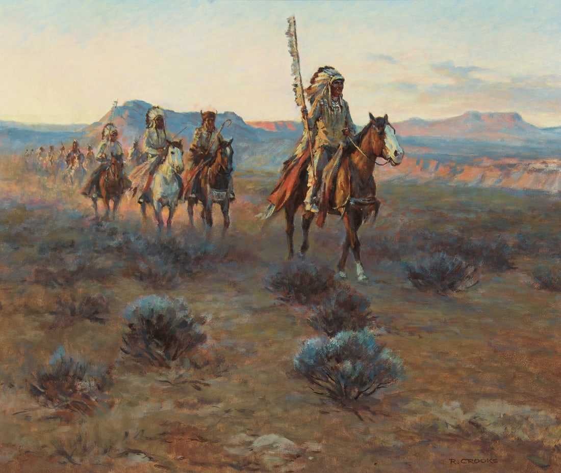 Ron Crooks, "Land of Many Spirits": Ron Crooks (1925-2006), "Land of Many Spirits", Oil on board, 20 x 24 inches, Shipping Dimensions: 30 x 34 x 3 inches Signed lower right Titled verso