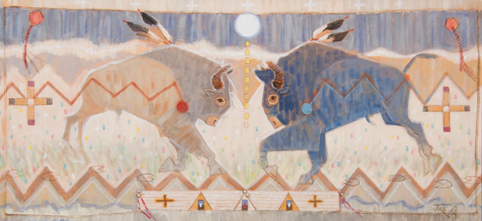 Oreland Joe, "Morning Brawl": Oreland Joe (b. 1958), "Morning Brawl", Acrylic on canvas mounted to canvas, 18 x 38 inches, Shipping Dimensions: 23 x 43 x 3 inches Signed/CA lower right Signed/CA, titled, and dated 2022 verso