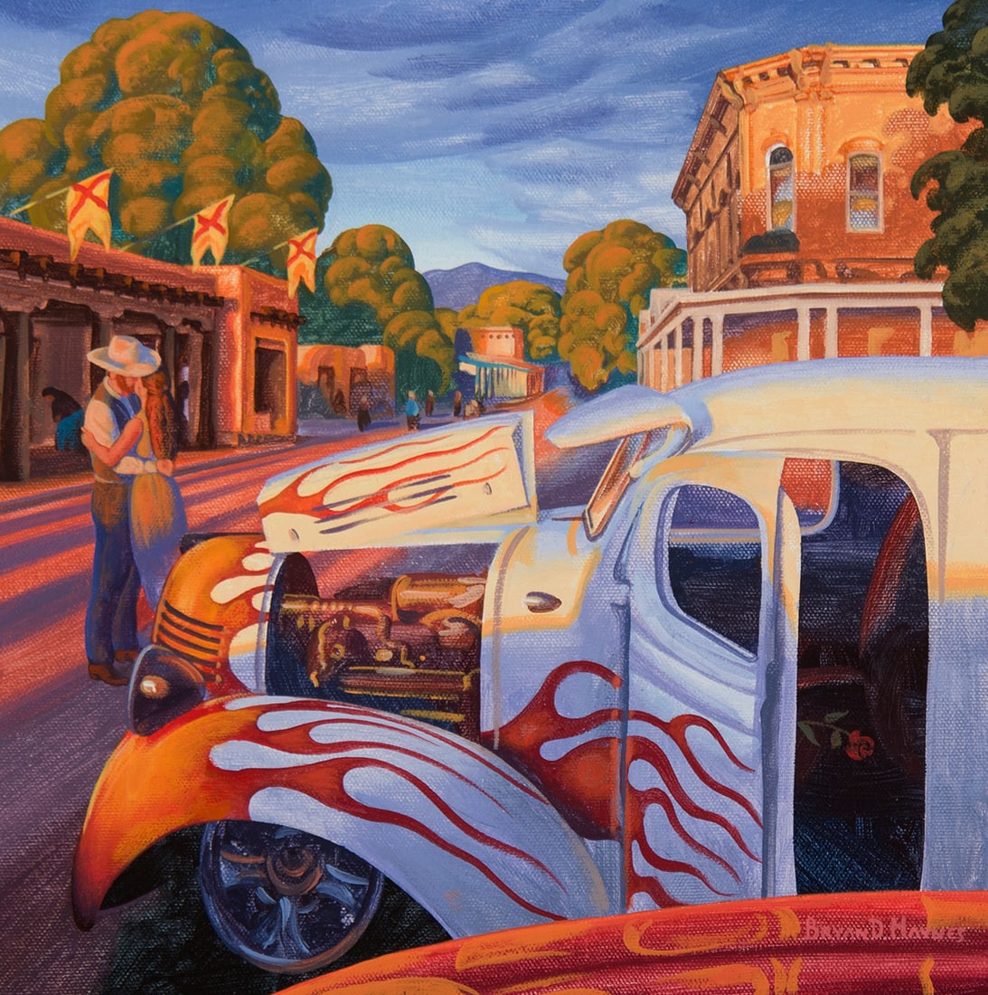 Bryan Haynes, "Down on the Plaza": Bryan Haynes (b. 1956), "Down on the Plaza", Acrylic on canvas mounted to board, 12 x 12 inches, Shipping Dimensions: 18 x 18 x 3 inches Signed lower right Titled verso Accompanied by: Cert Authentici