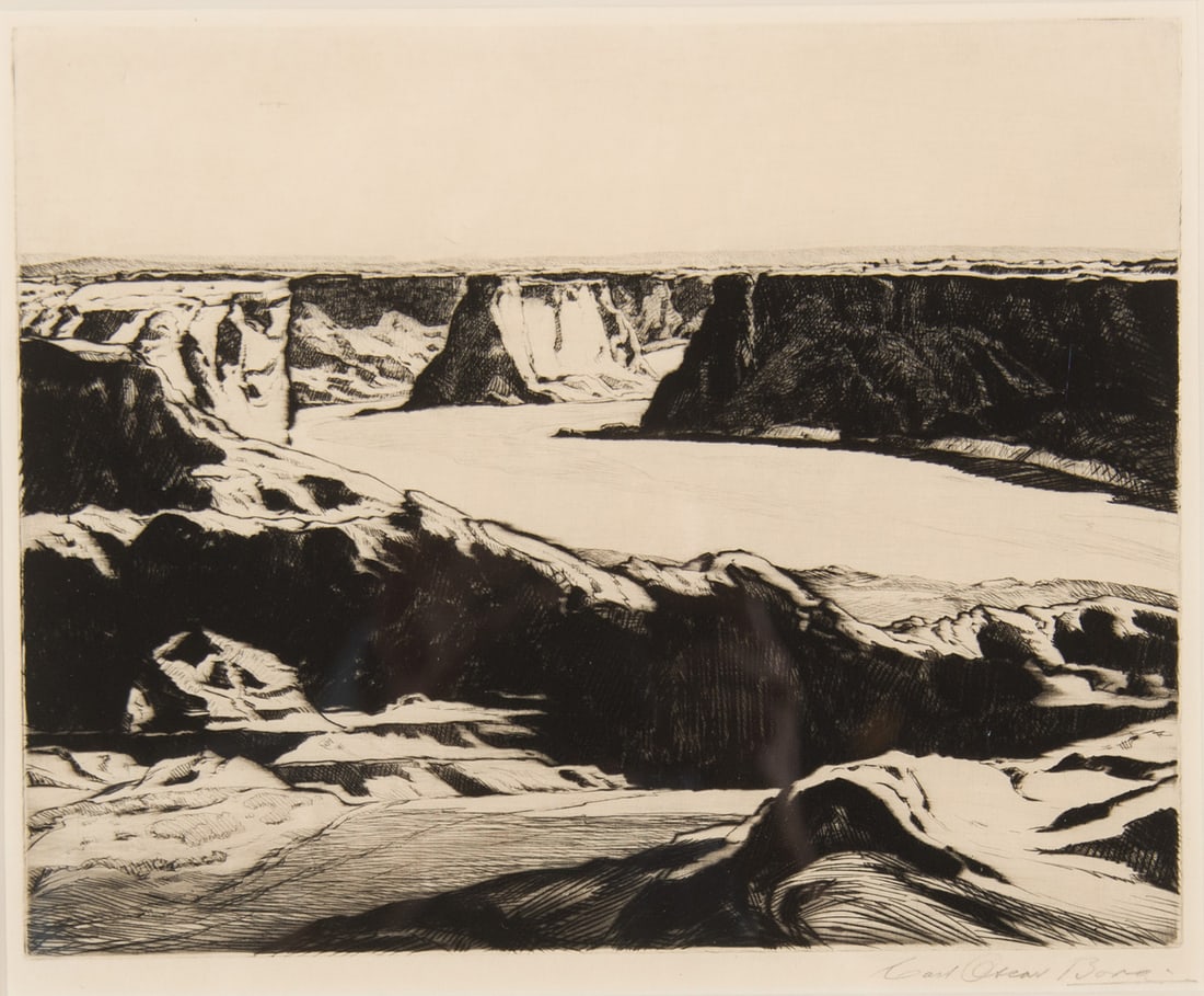Carl Oscar Borg, "Land of the Navajos, Canyon de Chelly": Carl Oscar Borg (1879-1947), "Land of the Navajos, Canyon de Chelly", Etching, 9 3/4 x 12 1/4 inches, Shipping Dimensions: 19 x 21 x 3 inches Signed lower right