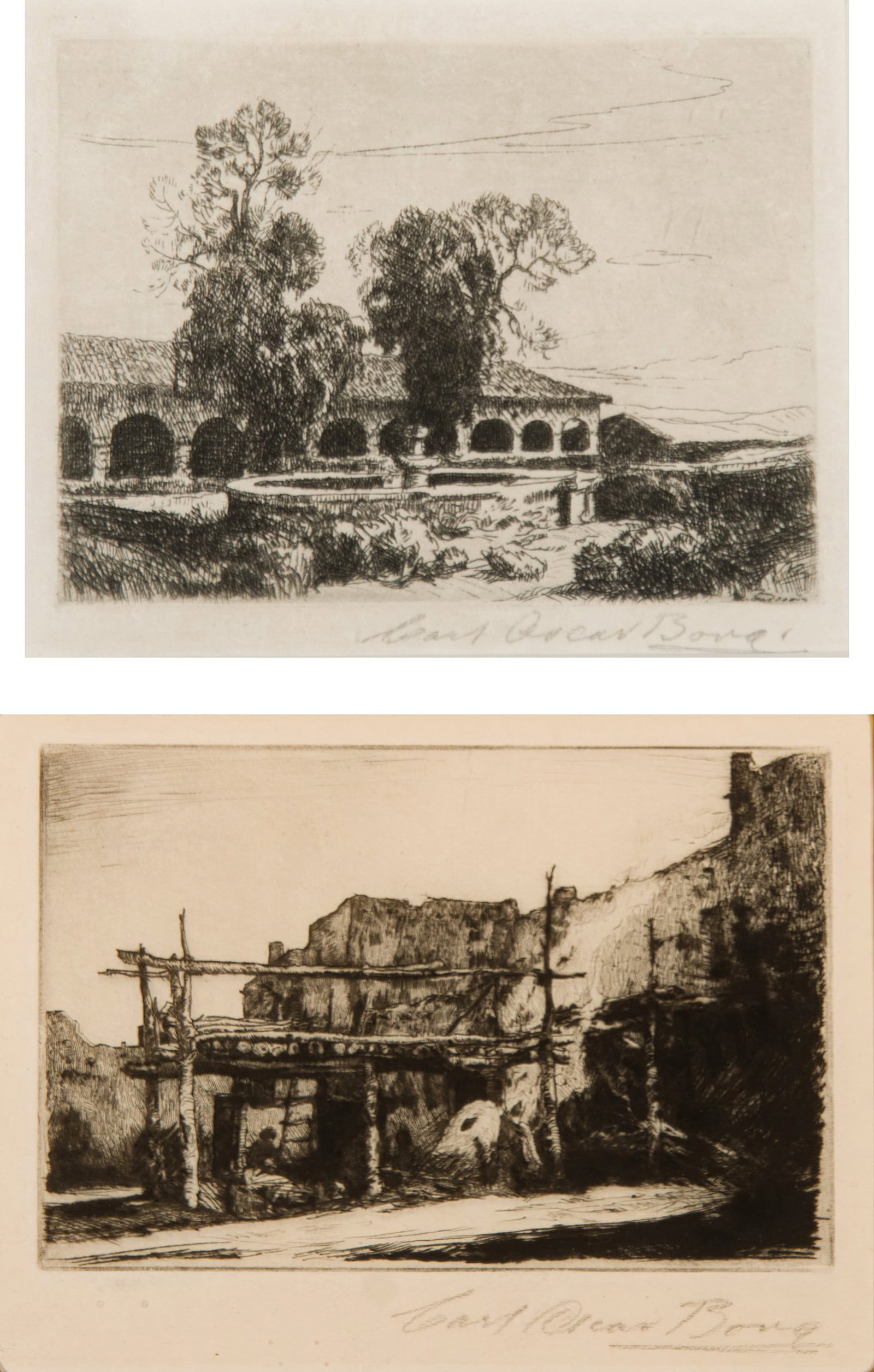 Carl Oscar Borg, "Set of two (2): In the Pueblo of Taos; San Juan Bautista Mission" (1 of 7)