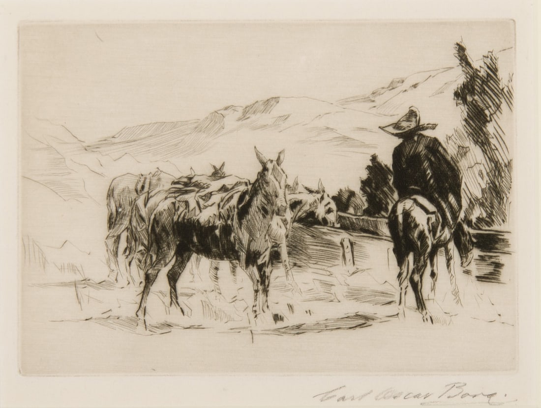 Carl Oscar Borg, "The Watering Trough": Carl Oscar Borg (1879-1947), "The Watering Trough", Etching, 12/20, 4 7/8 x 6 7/8 inches, Shipping Dimensions: 16 x 17 x 3 inches Signed lower right; titled lower left