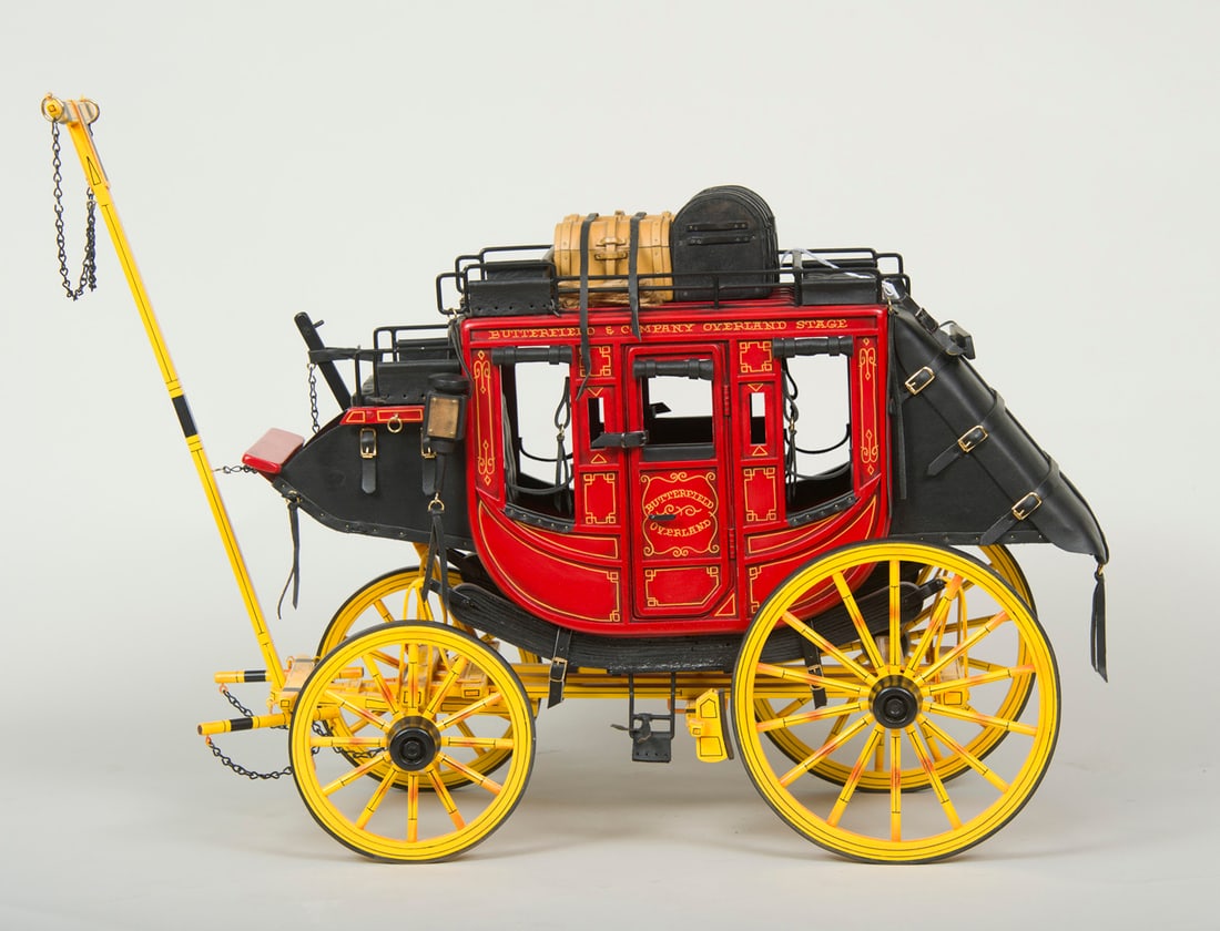 Dale Ford, "Butterfield Overland Stagecoach": Dale Ford (1934-2015), "Butterfield Overland Stagecoach", Constructed in wood and hand painted, 19 inches overall height, Shipping Dimensions: 19 x 25 x 12 inches - 12 lbs. Signed and dated 96