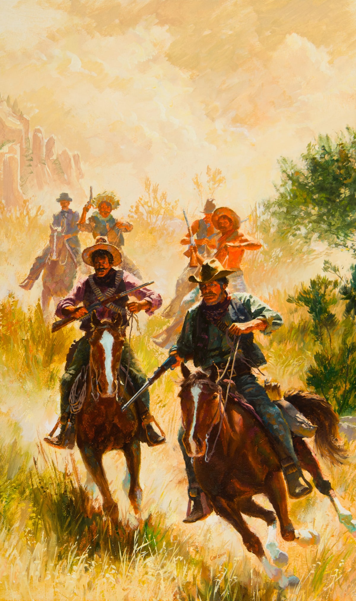 Jim Carson, "Bandidos Escape": Jim Carson (b. 1942), "Bandidos Escape", Oil on canvas, 25 x 15 inches, Shipping Dimensions: 31 x 21 x 3 inches Signed lower right