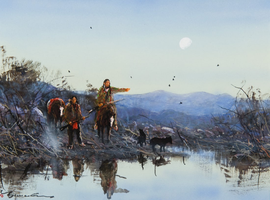 Gregory Sumida, "Kusippeh â€¦Now Which Way?": Gregory Sumida (b. 1948), "Kusippeh …Now Which Way?", Gouache, 9 x 12 inches, Shipping Dimensions: 17 x 20 x 3 inches Signed lower Left