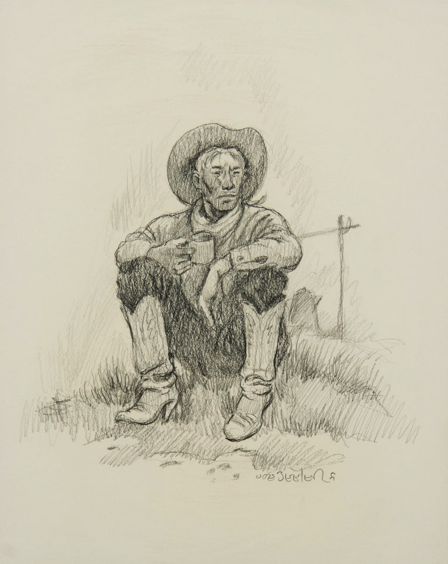 Joe Beeler, "Untitled (Seated cowboy)": Joe Beeler (1931-2006), "Untitled (Seated cowboy)", Graphite, 12 x 9 1/2 inches, Shipping Dimensions: 19 x 16 x 3 inches Signed/CA lower right