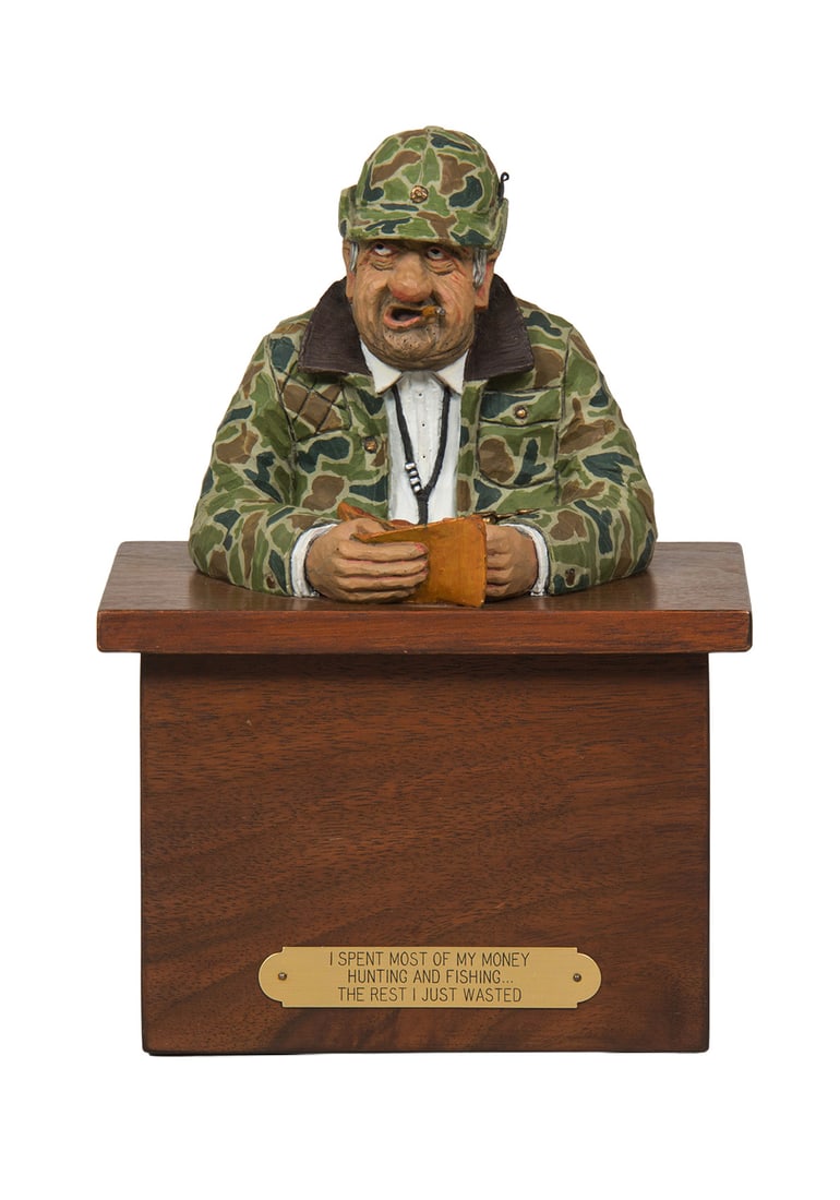 Gene Zesch, "I Spent Most of My Money Hunting and Fishingâ€¦The Rest I Just Wasted": Gene Zesch (b. 1932), "I Spent Most of My Money Hunting and Fishing…The Rest I Just Wasted", Bronze, cast 8/100, 9 1/2 inches overall height, Shipping Dimensions: 9.5 x 6.75 x 5 inches - 6 lbs.