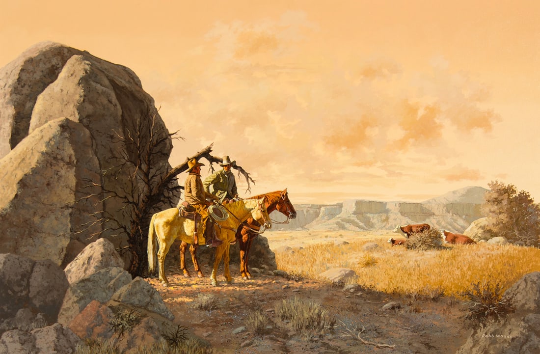 Robb Woods, "Round-Up Break": Robb Woods (20th century), "Round-Up Break", Oil on canvas, 24 x 36 inches, Shipping Dimensions: 35 x 47 x 3 inches Signed lower right