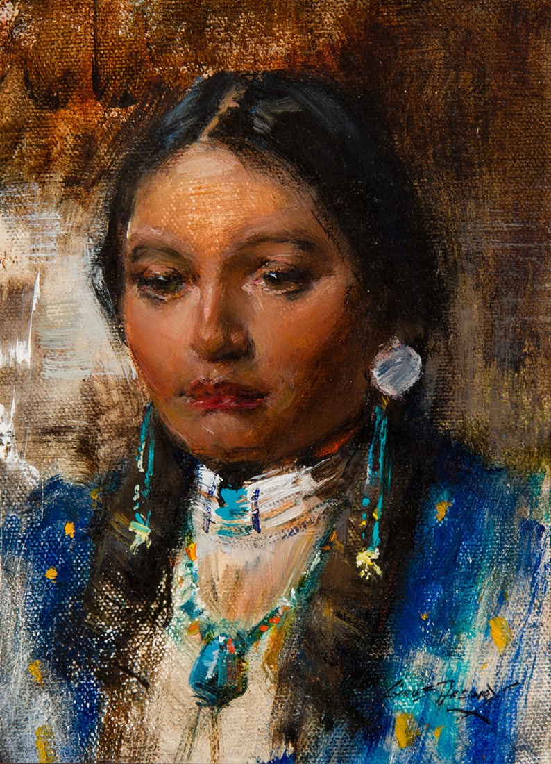 Cyrus Afsary, "Facial Study, Apache Girl": Cyrus Afsary (b. 1940), "Facial Study, Apache Girl", Oil on canvas, 8 x 6 inches, Shipping Dimensions: 11 x 9 x 3 inches Signed lower right