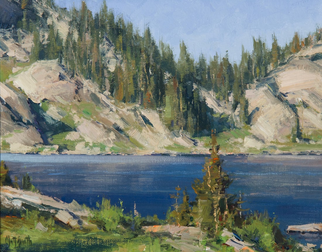 Matt Smith, "Along the Lake Trail": Matt Smith (b. 1960), "Along the Lake Trail", Oil on board, 8 x 10 inches, Shipping Dimensions: 13 x 15 x 3 inches Signed lower left Signed, titled, and dated 2004