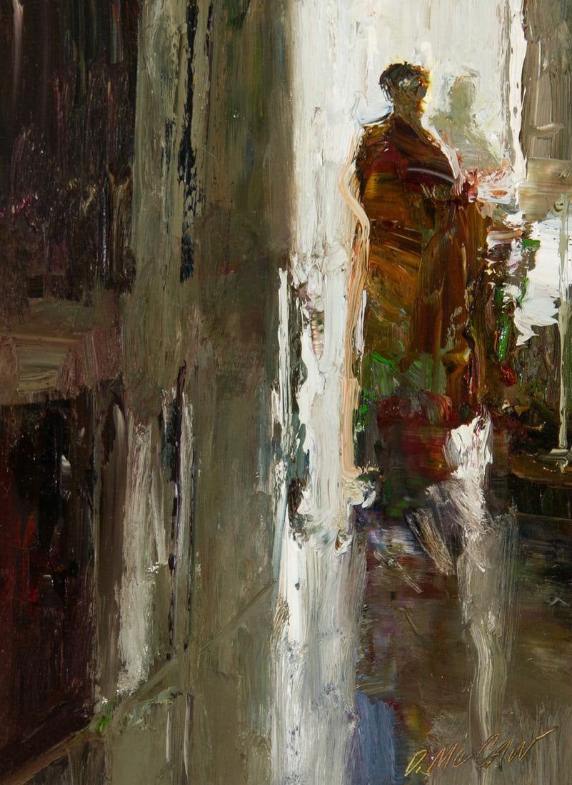 Dan McCaw, "Figure In Doorway": Dan McCaw (b. 1942), "Figure In Doorway", Oil on board, 12 x 9 inches, Shipping Dimensions: 20 x 17 x 3 inches Signed lower right