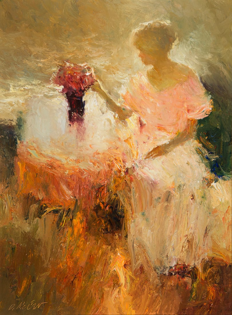 Dan McCaw, "Floral Affair": Dan McCaw (b. 1942), "Floral Affair", Oil on board, 24 x 18 inches, Shipping Dimensions: 32 x 26 x 3 inches Signed lower Left