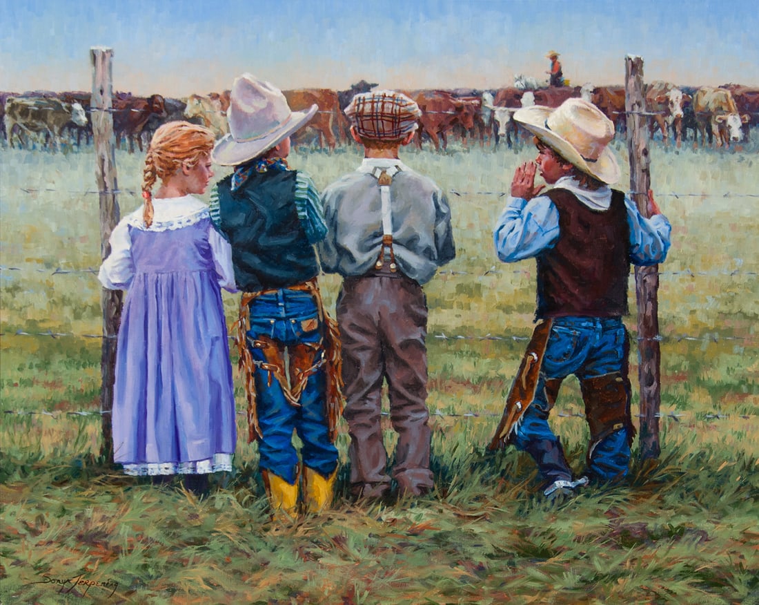 Sonya Terpening, "Babies Grow Up To Be Cowboys": Sonya Terpening (b. 1953), "Babies Grow Up To Be Cowboys", Oil on canvas, 24 x 30 inches, Shipping Dimensions: 33 x 39 x 3 inches Signed lower Left Signed and titled verso