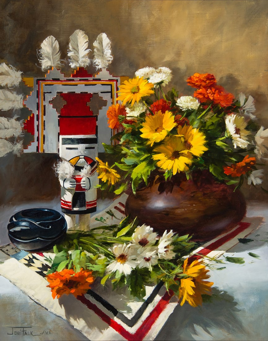 Joni Falk, "Indian Still Life": Joni Falk (b. 1933), "Indian Still Life", Oil on board, 16 x 20 inches, Shipping Dimensions: 28 x 23 x 3 inches Signed/AWA lower Left