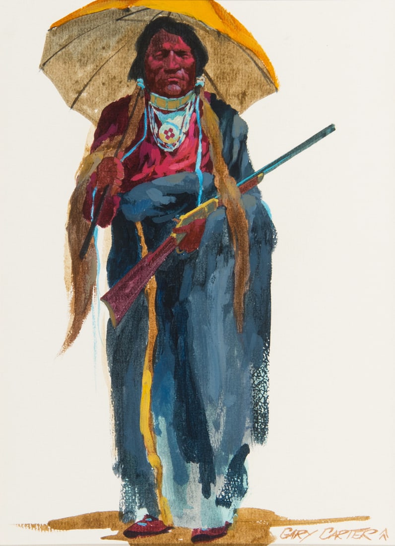 Gary Carter, "Parasol War Bonnet (aka Umbrella Shade)": Gary Carter (b. 1939), "Parasol War Bonnet (aka Umbrella Shade)", Gouache, 12 x 9 inches, Shipping Dimensions: 23 x 19 x 3 inches Signed lower right