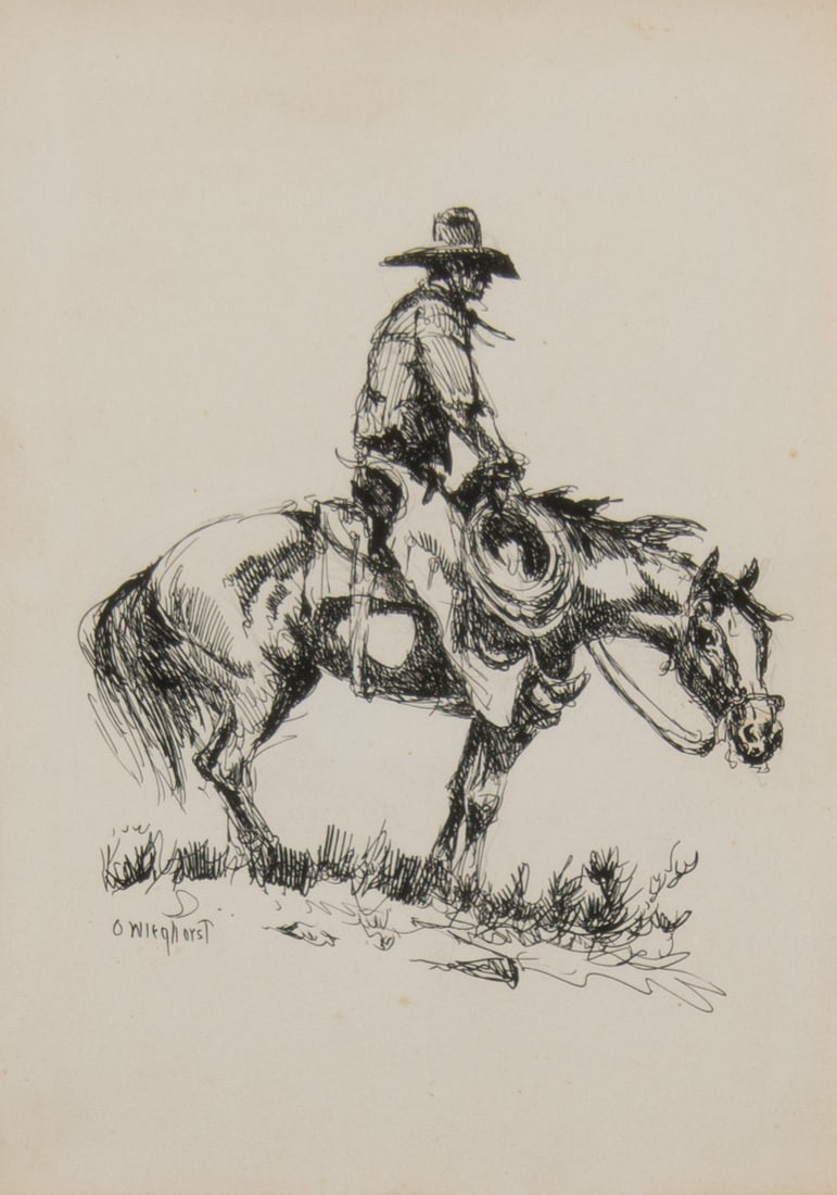Olaf Wieghorst, "Untitled (Mounted cowboy)": Olaf Wieghorst (1899-1988), "Untitled (Mounted cowboy)", Pen & Ink, 11 x 8 inches, Shipping Dimensions: 26 x 23 x 3 inches Signed lower Left