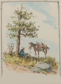 Olaf Wieghorst, "Cowboy and Horse Resting at the Base of a Tree"