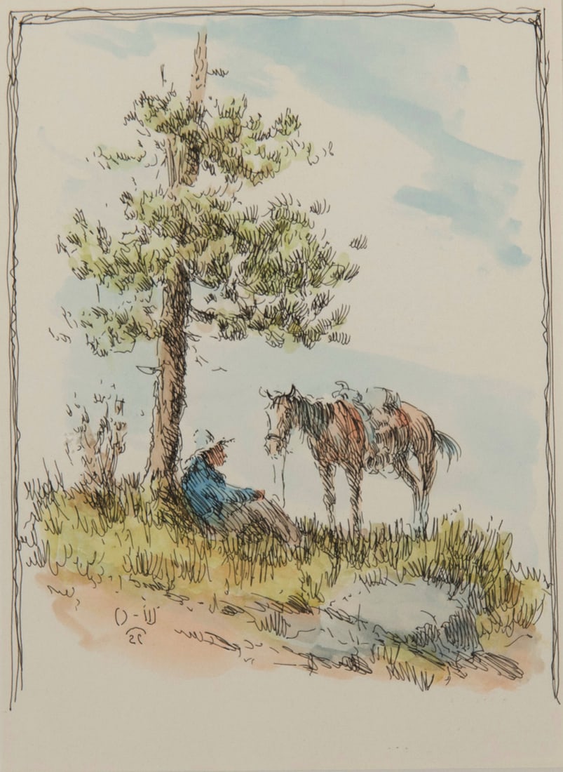 Olaf Wieghorst, "Cowboy and Horse Resting at the Base of a Tree": Olaf Wieghorst (1899-1988), "Cowboy and Horse Resting at the Base of a Tree", Mixed Media, 7 3/4 x 5 3/4 inches, Shipping Dimensions: 17 x 15 x 3 inches Initialed lower left
