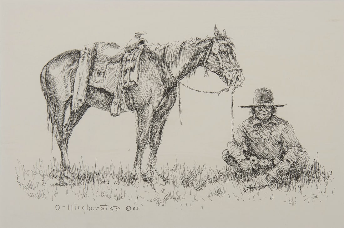 Olaf Wieghorst, "A Much Needed Response": Olaf Wieghorst (1899-1988), "A Much Needed Response", Pen & Ink, 13 x 19 1/2 inches, Shipping Dimensions: 23 x 29 x 3 inches Signed and dated 83 lower left